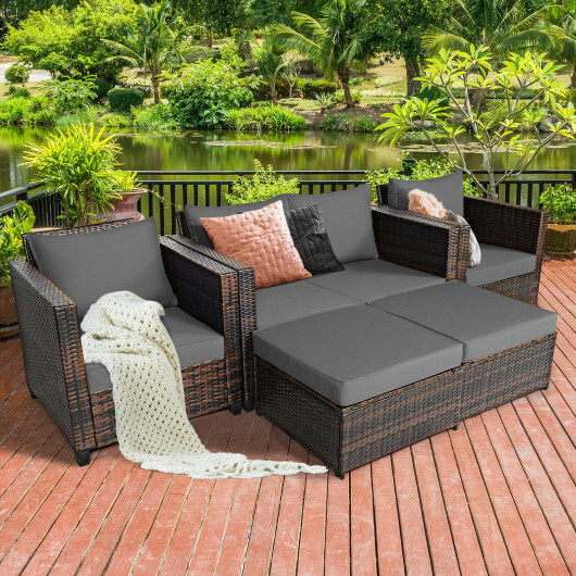 5 Pieces Patio Cushioned Rattan Furniture Set-Gray - Color: Gray - Image 2