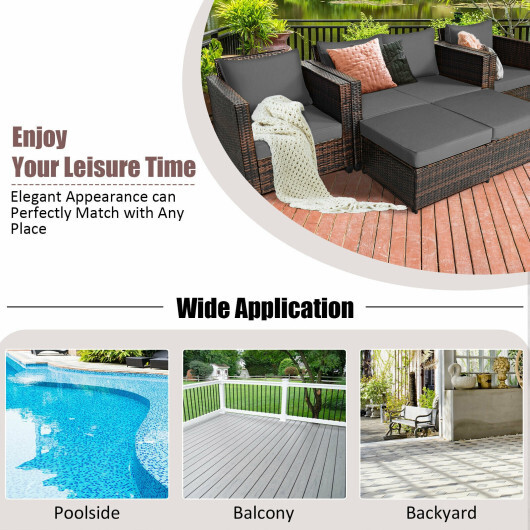 5 Pieces Patio Cushioned Rattan Furniture Set-Gray - Color: Gray - Image 3