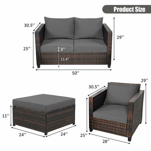 5 Pieces Patio Cushioned Rattan Furniture Set-Gray - Color: Gray - Image 4