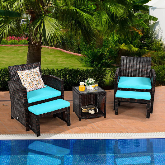 5 Pieces Patio Rattan Furniture Set with Ottoman and Tempered Glass Coffee Table-Turquoise - Color: Turquoise - Image 2