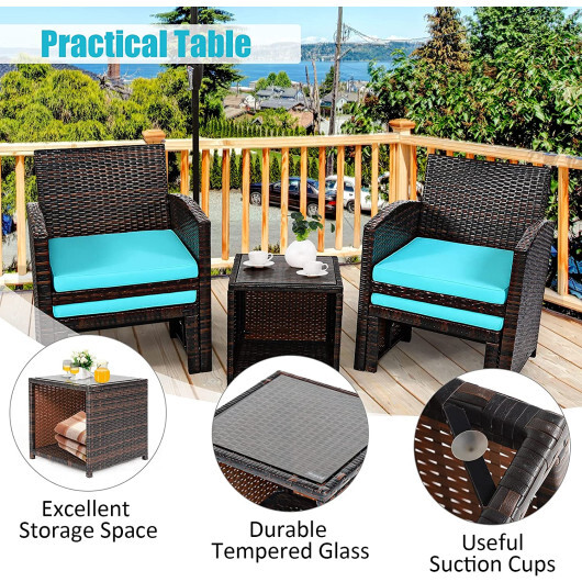 5 Pieces Patio Rattan Furniture Set with Ottoman and Tempered Glass Coffee Table-Turquoise - Color: Turquoise - Image 3