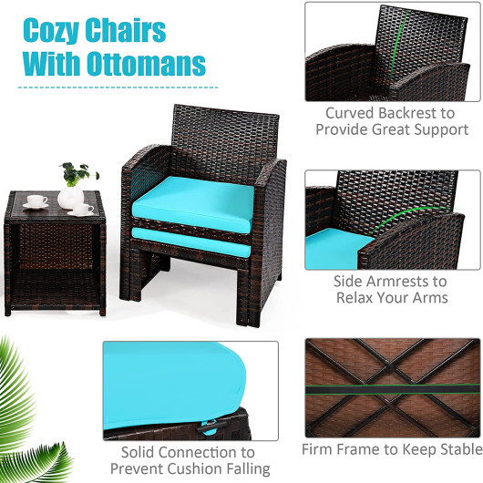 5 Pieces Patio Rattan Furniture Set with Ottoman and Tempered Glass Coffee Table-Turquoise - Color: Turquoise - Image 5