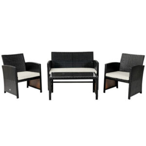 4 Pieces Patio Rattan Cushioned Furniture Set with Coffee Table-White - Color: White