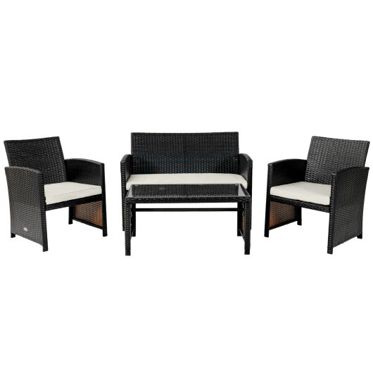 4 Pieces Patio Rattan Cushioned Furniture Set with Coffee Table-White - Color: White