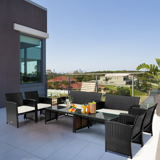 4 Pieces Patio Rattan Cushioned Furniture Set with Coffee Table-White - Color: White - Image 2