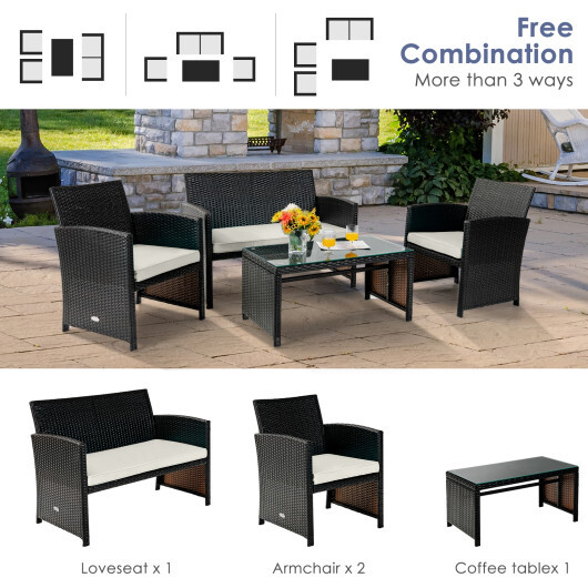 4 Pieces Patio Rattan Cushioned Furniture Set with Coffee Table-White - Color: White - Image 3