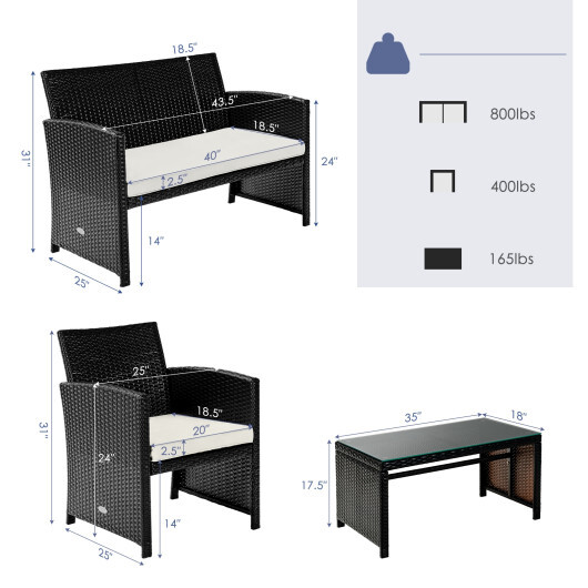 4 Pieces Patio Rattan Cushioned Furniture Set with Coffee Table-White - Color: White - Image 4