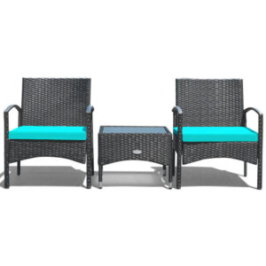 3 Pieces Patio Wicker Rattan Furniture Set with Cushion for Lawn Backyard-Turquoise - Color: Turquoise