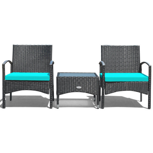 3 Pieces Patio Wicker Rattan Furniture Set with Cushion for Lawn Backyard-Turquoise - Color: Turquoise