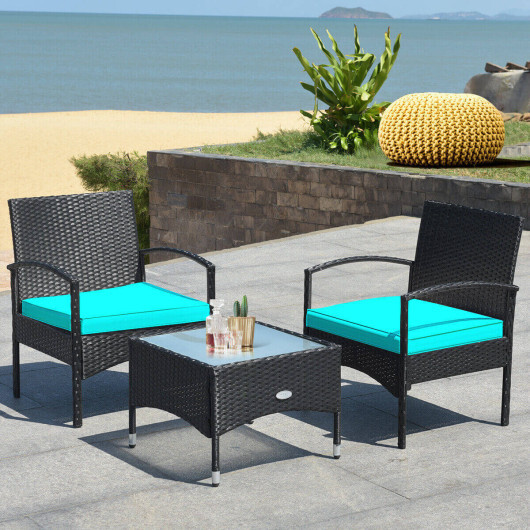 3 Pieces Patio Wicker Rattan Furniture Set with Cushion for Lawn Backyard-Turquoise - Color: Turquoise - Image 2