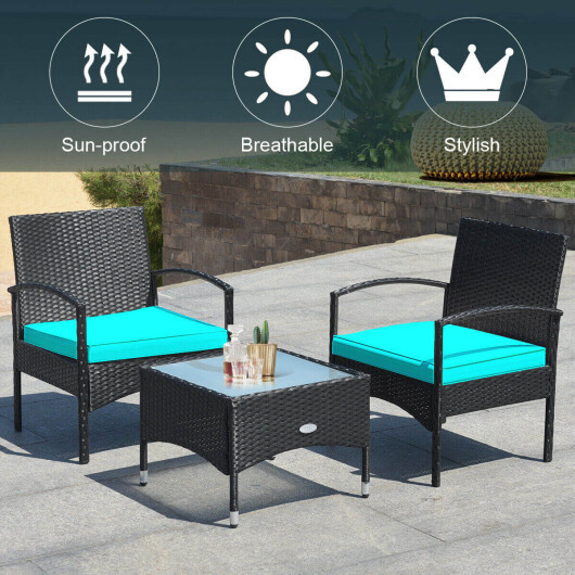 3 Pieces Patio Wicker Rattan Furniture Set with Cushion for Lawn Backyard-Turquoise - Color: Turquoise - Image 3
