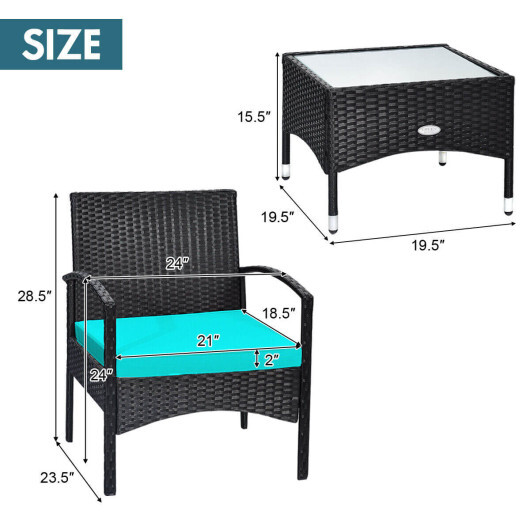 3 Pieces Patio Wicker Rattan Furniture Set with Cushion for Lawn Backyard-Turquoise - Color: Turquoise - Image 4