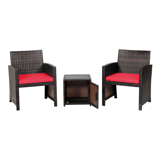 3 Pieces Patio Wicker Furniture Set with Storage Table and Protective Cover-Red - Color: Red