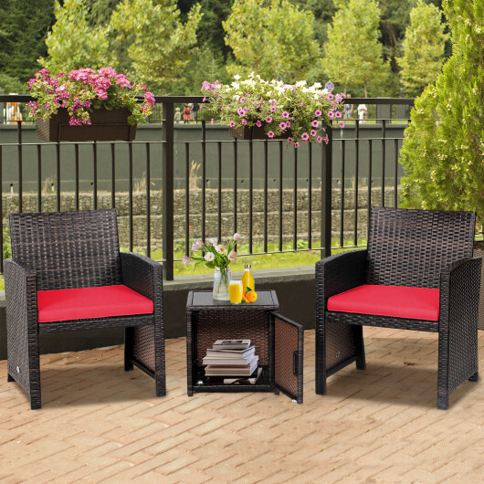 3 Pieces Patio Wicker Furniture Set with Storage Table and Protective Cover-Red - Color: Red - Image 2