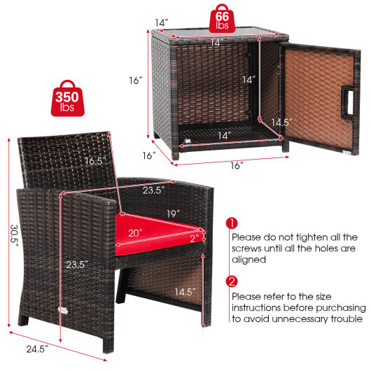 3 Pieces Patio Wicker Furniture Set with Storage Table and Protective Cover-Red - Color: Red - Image 4