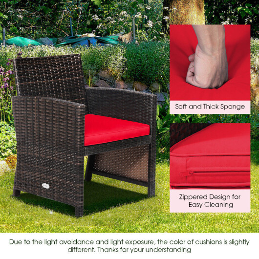 3 Pieces Patio Wicker Furniture Set with Storage Table and Protective Cover-Red - Color: Red - Image 5