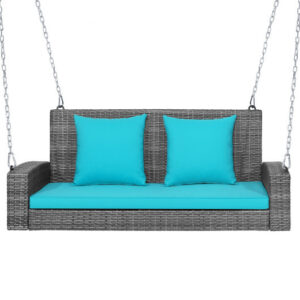 2-Person Patio PE Wicker Hanging Porch Swing Bench Chair Cushion 800 Pounds-Turquoise - Color: Turquoise