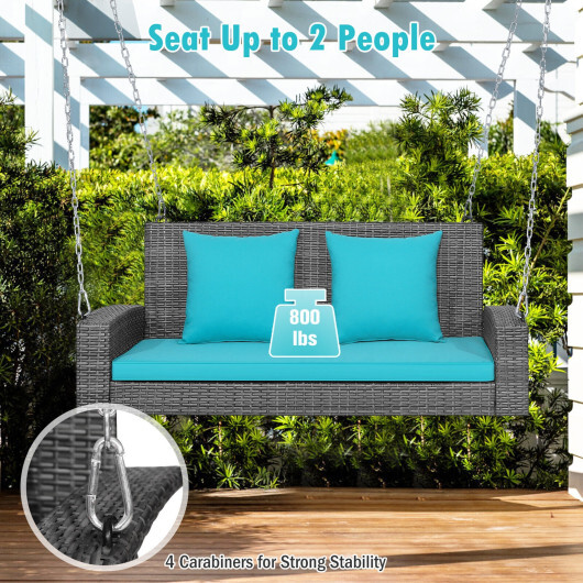 2-Person Patio PE Wicker Hanging Porch Swing Bench Chair Cushion 800 Pounds-Turquoise - Color: Turquoise - Image 3