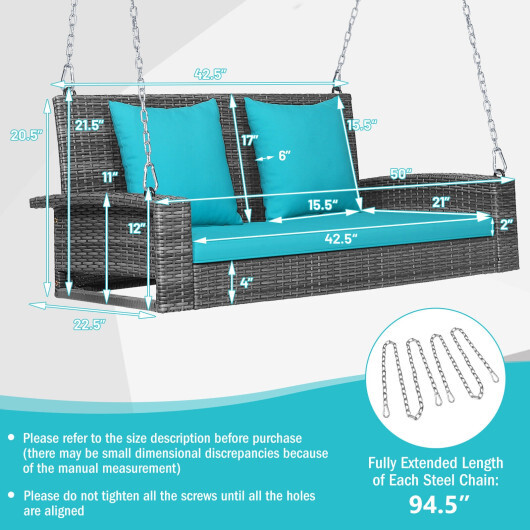 2-Person Patio PE Wicker Hanging Porch Swing Bench Chair Cushion 800 Pounds-Turquoise - Color: Turquoise - Image 4