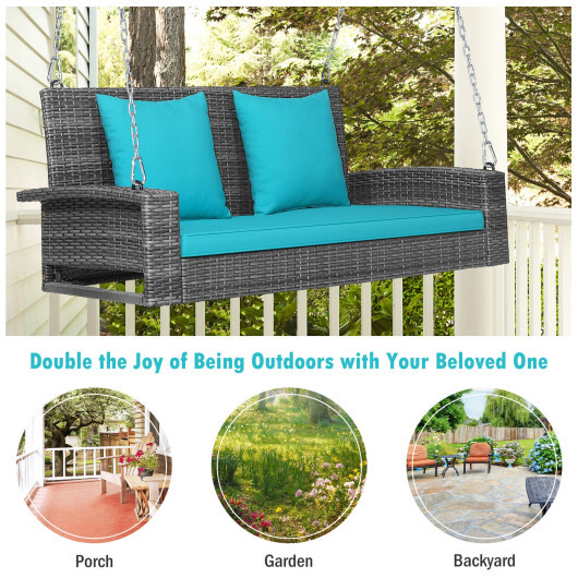 2-Person Patio PE Wicker Hanging Porch Swing Bench Chair Cushion 800 Pounds-Turquoise - Color: Turquoise - Image 5