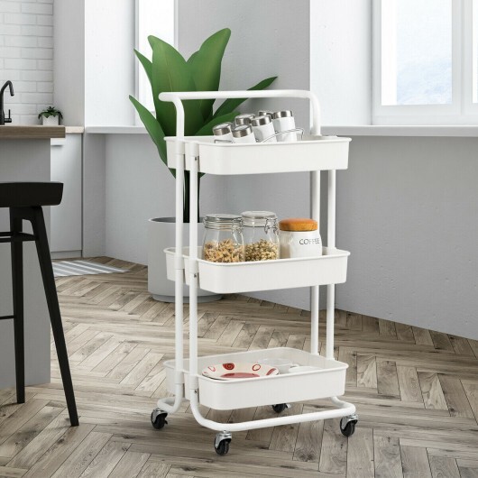 3-Tier Utility Cart Storage Rolling Cart with Casters-White - Color: White - Image 2