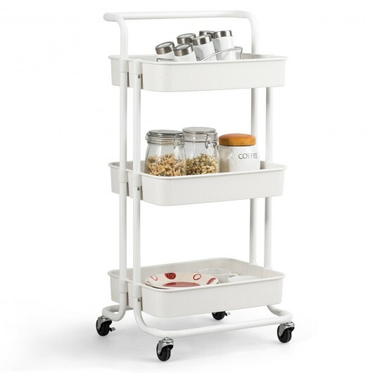 3-Tier Utility Cart Storage Rolling Cart with Casters-White - Color: White - Image 4
