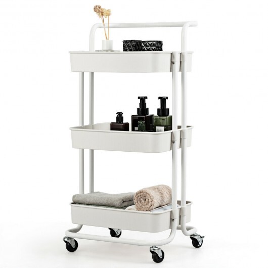 3-Tier Utility Cart Storage Rolling Cart with Casters-White - Color: White - Image 5