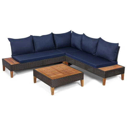 4 Pieces Patio Cushioned Rattan Furniture Set with Wooden Side Table-Navy - Color: Navy
