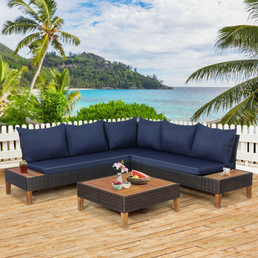 4 Pieces Patio Cushioned Rattan Furniture Set with Wooden Side Table-Navy - Color: Navy - Image 2