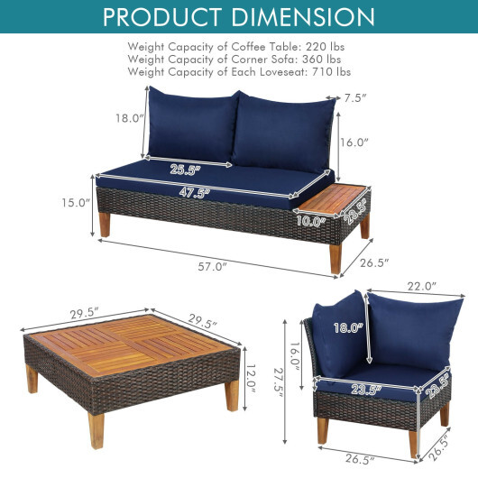 4 Pieces Patio Cushioned Rattan Furniture Set with Wooden Side Table-Navy - Color: Navy - Image 4
