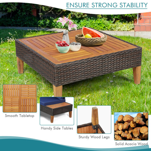 4 Pieces Patio Cushioned Rattan Furniture Set with Wooden Side Table-Navy - Color: Navy - Image 5