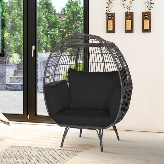 Oversized Indoor Wicker Egg Chair with Sturdy Metal Frame for Patio-Black - Color: Black - Image 2