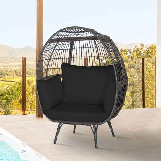 Oversized Indoor Wicker Egg Chair with Sturdy Metal Frame for Patio-Black - Color: Black - Image 3