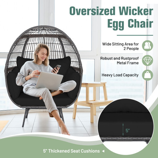 Oversized Indoor Wicker Egg Chair with Sturdy Metal Frame for Patio-Black - Color: Black - Image 5