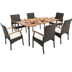 7 Pieces Patio Wicker Cushioned Dining Set with Wood Armrest and Umbrella Hole - Color: Natural