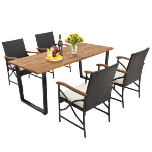 5 Pieces Patio Rattan Dining Set with Acacia Wood Tabletop and Armrests - Color: Multicolor