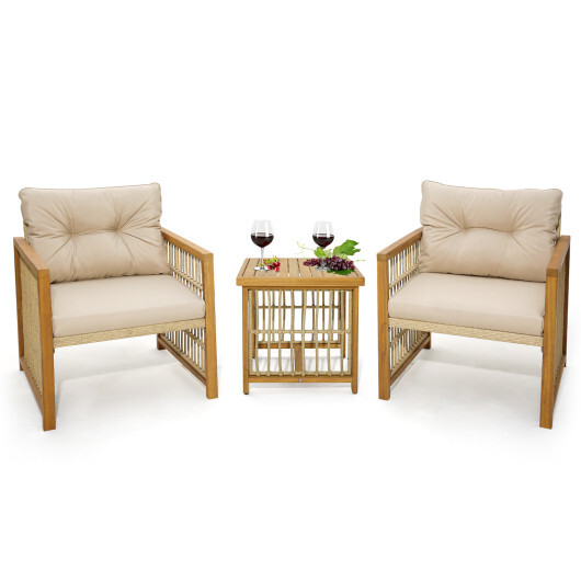 3 Pieces Patio PE Wicker Conversation Set with Acacia Wood Frame and Cushions-Beige - Color: Beige