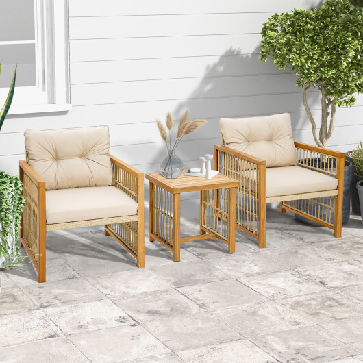 3 Pieces Patio PE Wicker Conversation Set with Acacia Wood Frame and Cushions-Beige - Color: Beige - Image 2