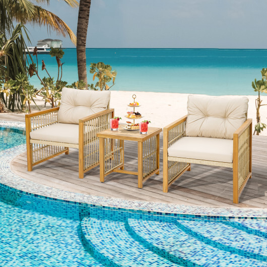 3 Pieces Patio PE Wicker Conversation Set with Acacia Wood Frame and Cushions-Beige - Color: Beige - Image 3