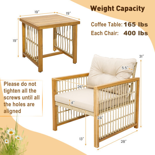 3 Pieces Patio PE Wicker Conversation Set with Acacia Wood Frame and Cushions-Beige - Color: Beige - Image 5