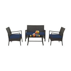 4 Pieces Outdoor Rattan Conversation Set with Tempered Glass Coffee Table-Navy - Color: Navy