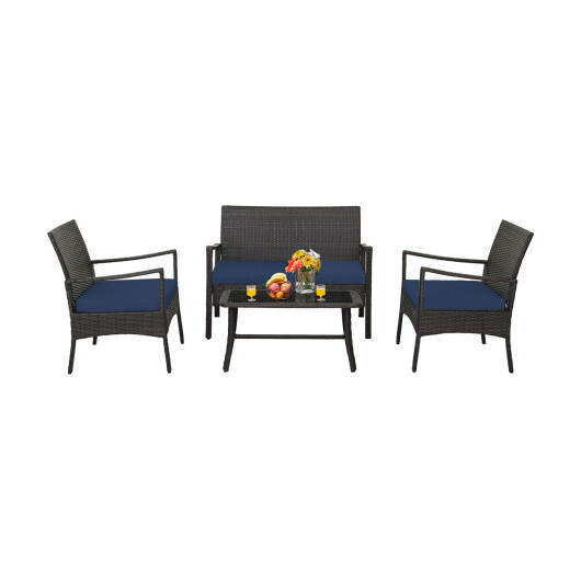 4 Pieces Outdoor Rattan Conversation Set with Tempered Glass Coffee Table-Navy - Color: Navy