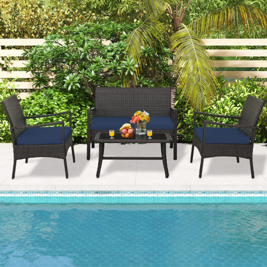 4 Pieces Outdoor Rattan Conversation Set with Tempered Glass Coffee Table-Navy - Color: Navy - Image 2