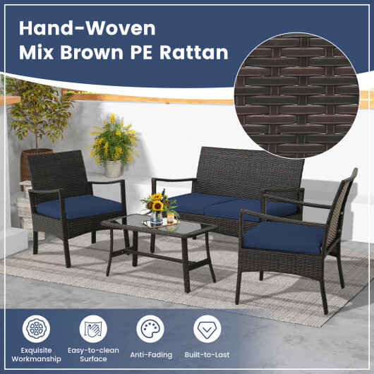 4 Pieces Outdoor Rattan Conversation Set with Tempered Glass Coffee Table-Navy - Color: Navy - Image 4