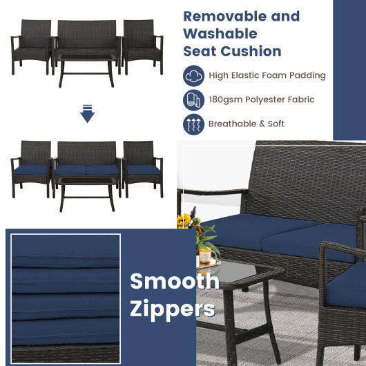 4 Pieces Outdoor Rattan Conversation Set with Tempered Glass Coffee Table-Navy - Color: Navy - Image 5
