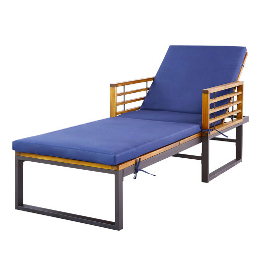 Adjustable Cushioned Patio Chaise Lounge Chair with 4-Level Backrest-Navy - Color: Navy