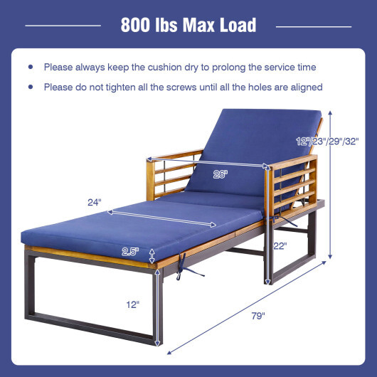 Adjustable Cushioned Patio Chaise Lounge Chair with 4-Level Backrest-Navy - Color: Navy - Image 3