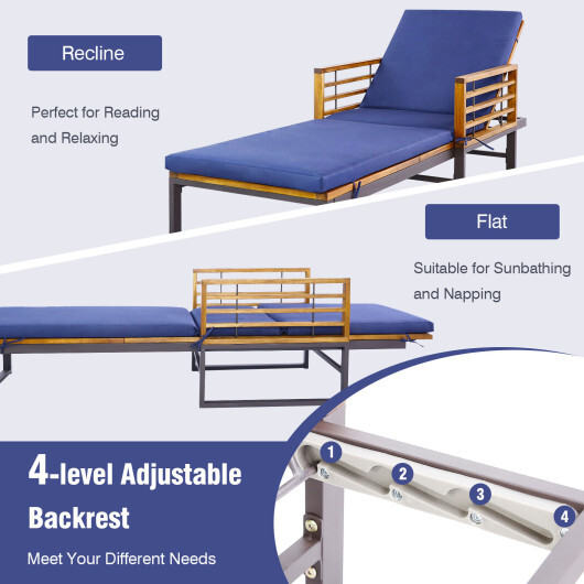 Adjustable Cushioned Patio Chaise Lounge Chair with 4-Level Backrest-Navy - Color: Navy - Image 4