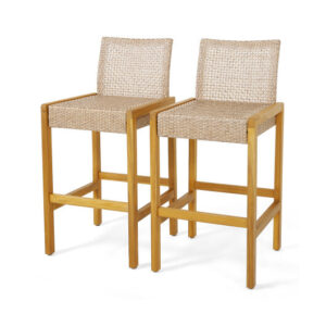 Set of 2 Rattan Patio Wood Barstools Dining Chairs with Backrest-Set of 2 - Color: Light Brown