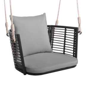Single Person Hanging Seat with Woven Rattan Backrest for Backyard-Gray - Color: Gray